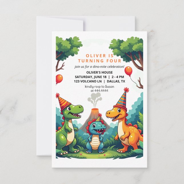 Invitation anniversaire dinosaure carte plate (Devant)