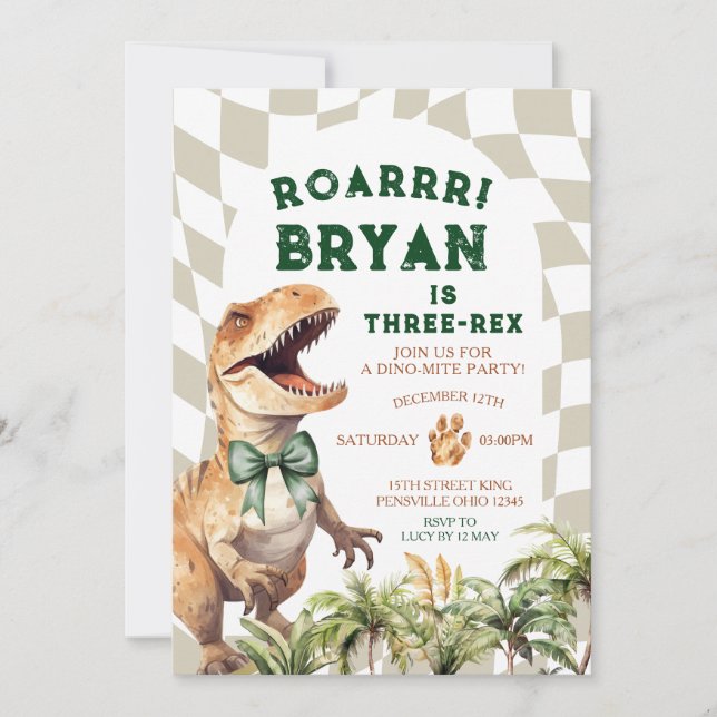Invitation Anniversaire dinosaure rugissant avec nœud aquarel (Devant)