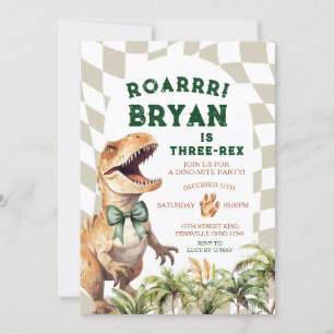 Invitation Anniversaire dinosaure rugissant avec nœud aquarel