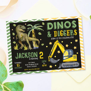 Invitation Anniversaire Dinosaures et Engins de chantier Dino