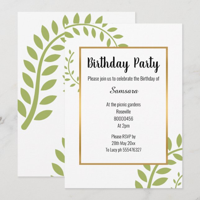 INVITATION ANNIVERSAIRE D'OR BLANC VERT MODERNE FERN VERT (Devant / Derrière)