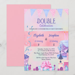 Invitation anniversaire double pour filles pastel