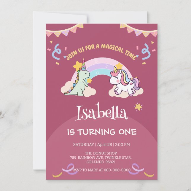 Invitation Anniversaire du ballon arc-en-ciel Cute Dinosaur U (Devant)