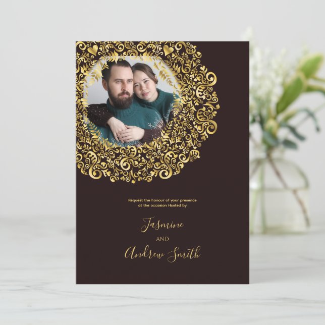 Invitation Anniversaire du cadre photo Damas d'or (Debout devant)