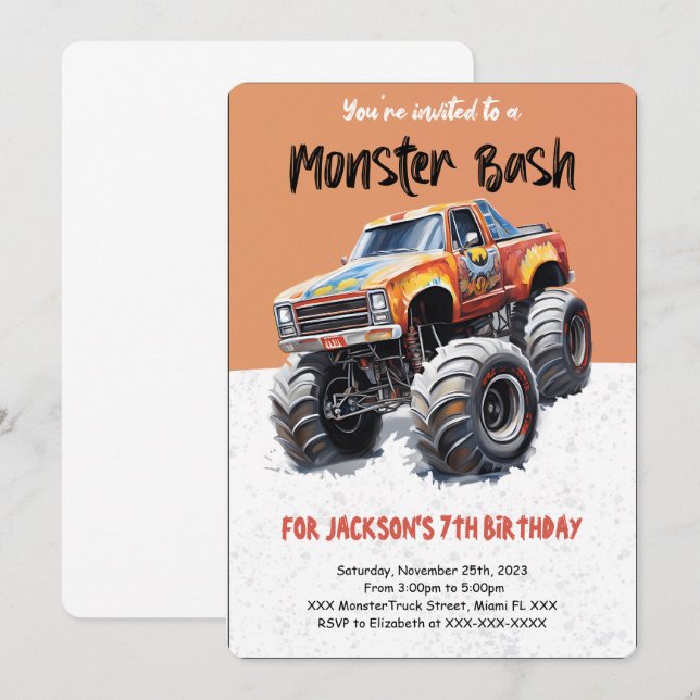 Invitation Anniversaire du camion Monster modifiable (Devant / Derrière)