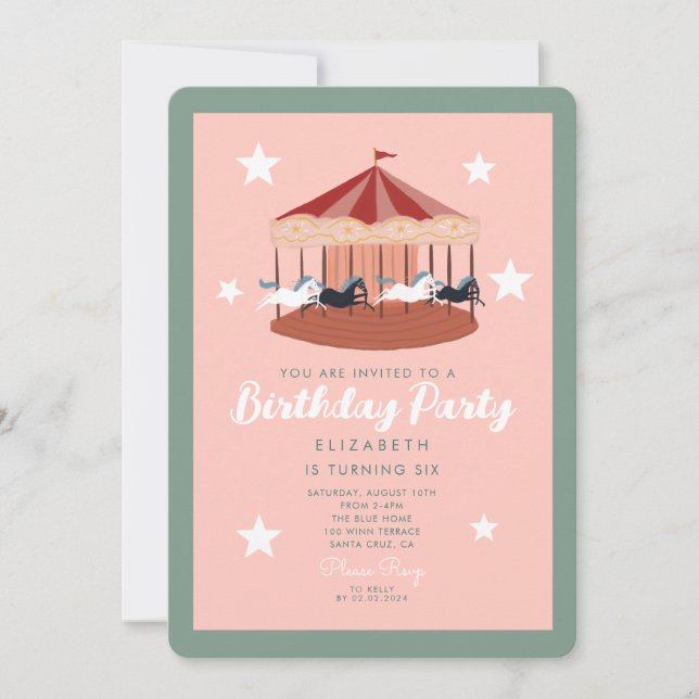 Invitation Anniversaire du carrousel rose aquarelle (Devant)