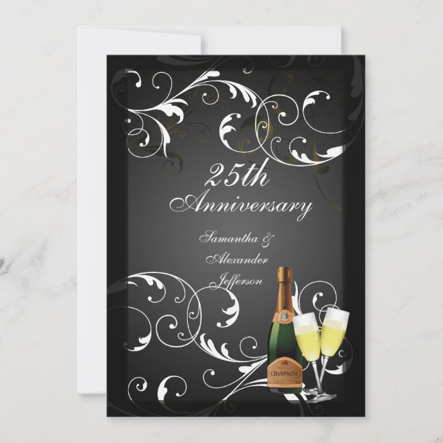 Invitation Anniversaire du Champagne d'argent noir et blanc (Devant)