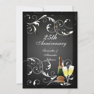 Invitation Anniversaire du Champagne d'argent noir et blanc