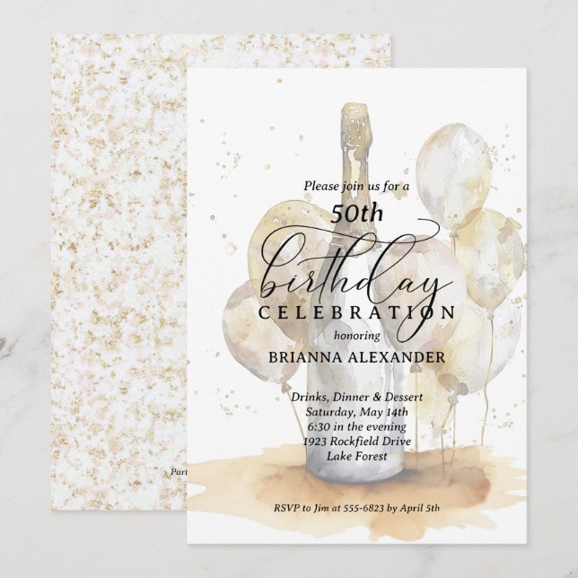 Invitation Anniversaire du Champagne et des Ballons (Devant / Derrière)