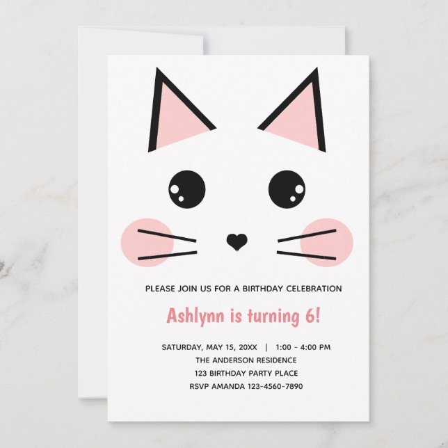 Invitation Anniversaire du chat rose (Devant)
