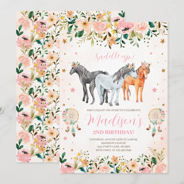 Invitation Anniversaire du Cheval Floral (Devant / Derrière)