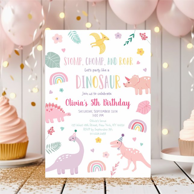 Invitation Anniversaire du Dinosaure Boho Rose (Créateur téléchargé)