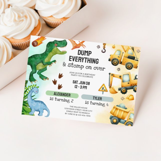 Invitation Anniversaire du Dinosaure et frère de la construct (Joint Dinosaur & Constructions Birthday Invite)