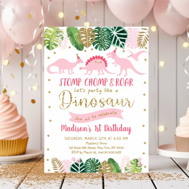 Invitation Anniversaire du dinosaure rose (Créateur téléchargé)