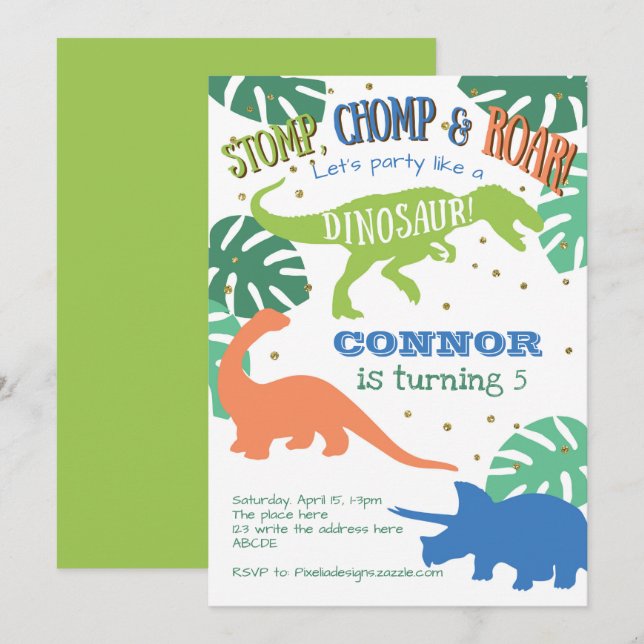 Invitation Anniversaire du dinosaure, Vert, Bleu, Anniversair (Devant / Derrière)