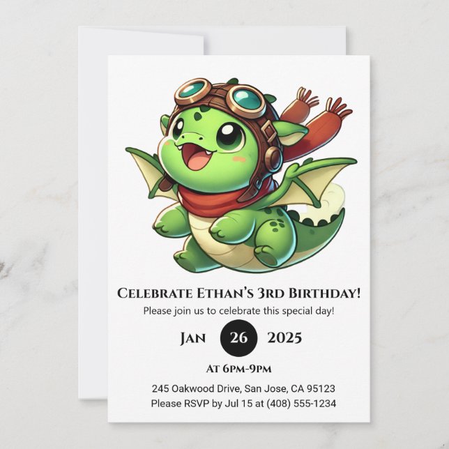 Invitation Anniversaire du Dragon Bébé Aventuré (Devant)