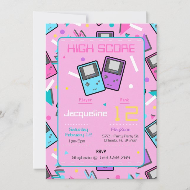 Invitation Anniversaire du jeu rose Retro (Devant)
