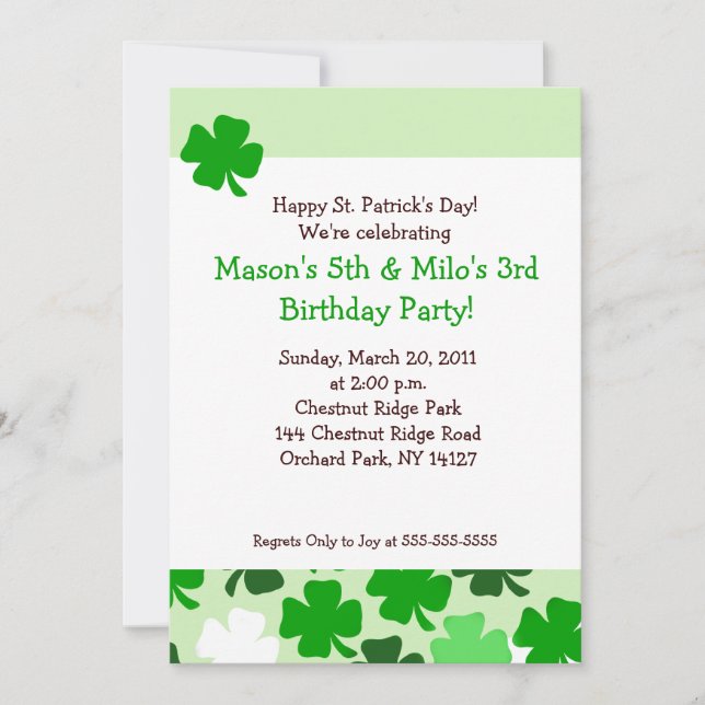 Invitation Anniversaire du JOUR DE LA SAINT PATRICK 5x7 de (Devant)