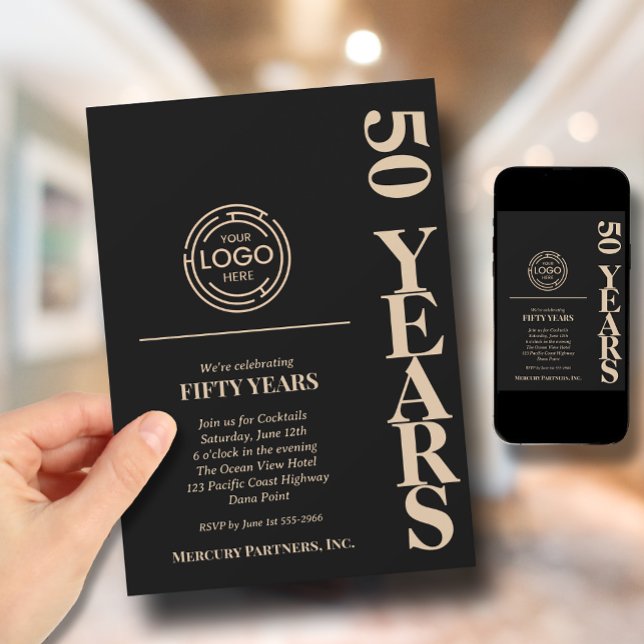 Invitation Anniversaire du logo de l'entreprise Noir (Business Logo Anniversary Invitations - black and light gold. Printed and/or Instant Download)