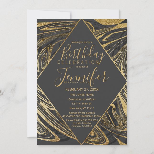 Invitation Anniversaire du marbre noir gris doré (Devant)
