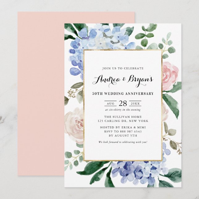 Invitation Anniversaire du Mariage Blue Hydrangeas and Pink R (Devant / Derrière)