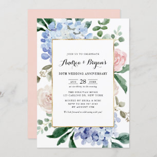 Invitation Anniversaire du Mariage Blue Hydrangeas and Pink R