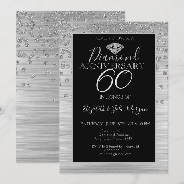 Invitation Anniversaire du Mariage Chic Silver Diamonds (Devant / Derrière)