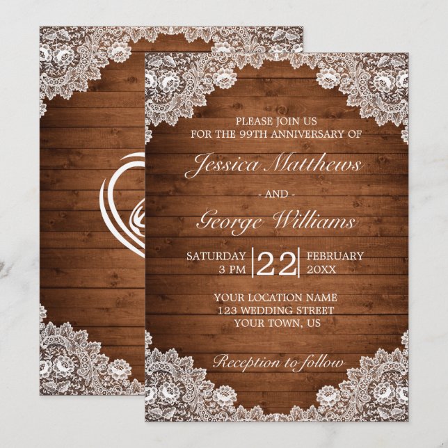Invitation Anniversaire du Mariage de dentelle rustique et bo (Devant / Derrière)