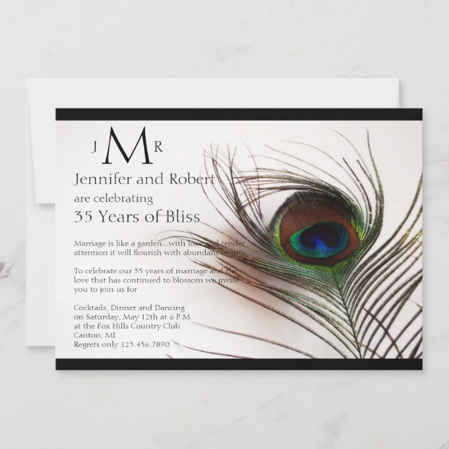 Invitation Anniversaire du Mariage de plume de paon (Devant)