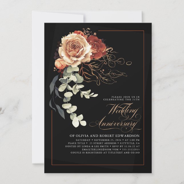 Invitation Anniversaire du Mariage de terre et de fleurs noir (Devant)