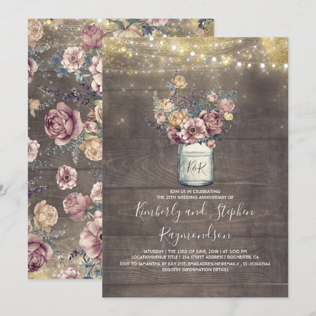 Invitation Anniversaire du Mariage d'or Rustic Mason Jar Mauv (Devant / Derrière)