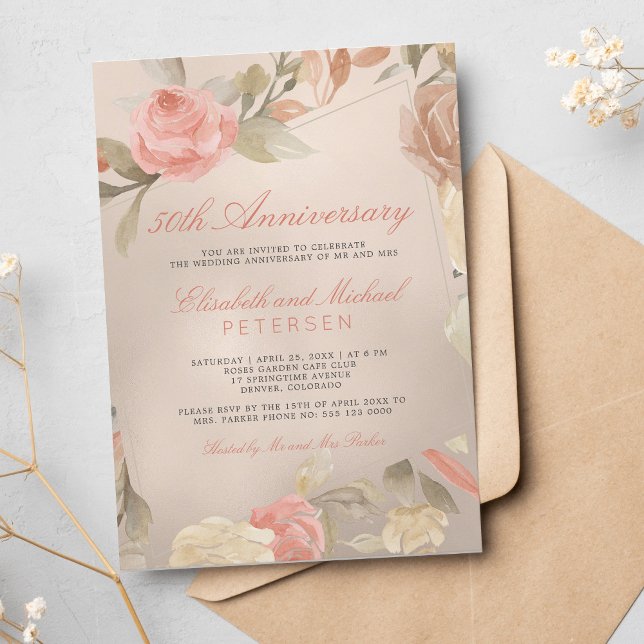 Invitation Anniversaire du Mariage Floral de Pêche Or de luxe (Créateur téléchargé)