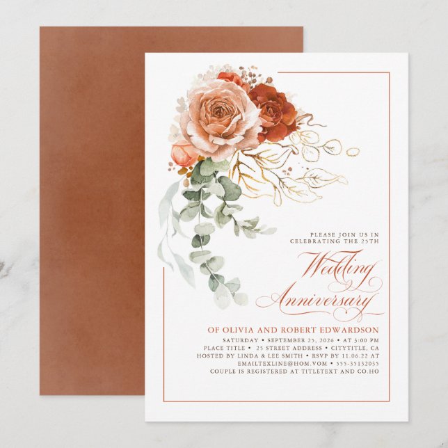 Invitation Anniversaire du Mariage Floral Orange Brûlé en ter (Devant / Derrière)
