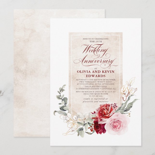 Invitation Anniversaire du Mariage Floral rose rouge de Bourg (Devant / Derrière)