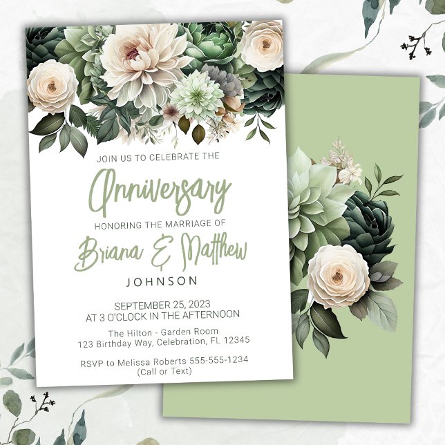Invitation Anniversaire du Mariage floral vert Sage (Créateur téléchargé)