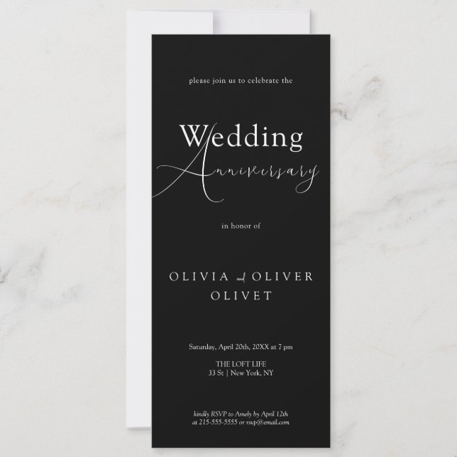 Invitation Anniversaire du Mariage noir et blanc Shailene (Devant)