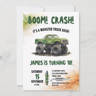 Invitation Anniversaire du Monster Truck Watercolor Smash & C