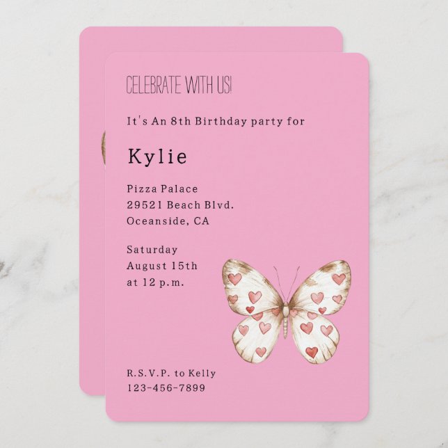 Invitation Anniversaire du papillon des Coeurs roses (Devant / Derrière)