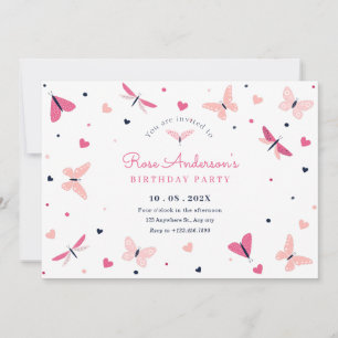 Invitation Anniversaire du papillon du coeur rose