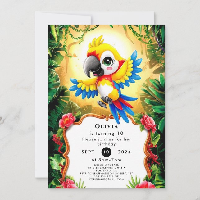 Invitation Anniversaire du perroquet d'aquarelle magique (Devant)