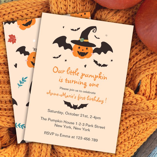Invitation Anniversaire du Petit Citrouille Halloween (little pumpkin is turning one. Halloween Birthday Party Invitation for Autumn Fall Birthday kids.)