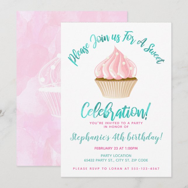 Invitation Anniversaire du petit gâteau sucré (Devant / Derrière)