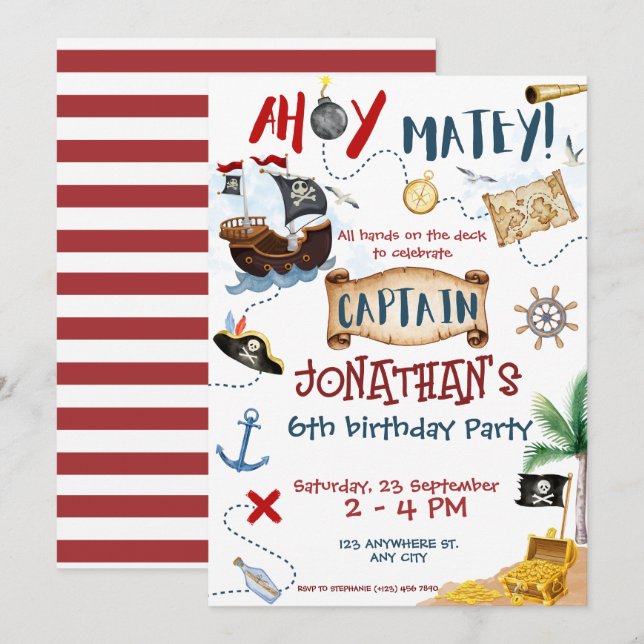 Invitation Anniversaire du Pirate mignon (Devant / Derrière)