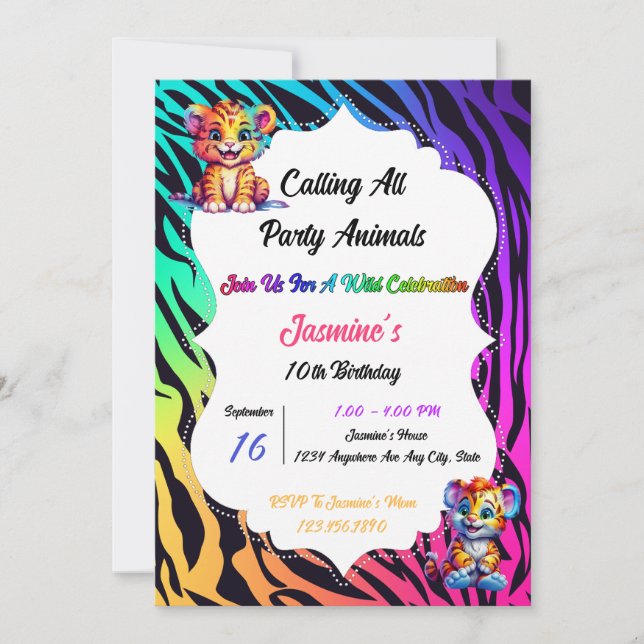 Invitation Anniversaire du Poster de animal du Tigre arc-en-c (Devant)