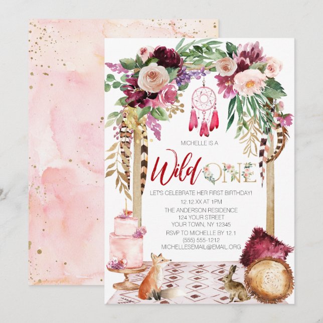 Invitation Anniversaire du Rêcheur de rêve de Boho-One Rose (Devant / Derrière)