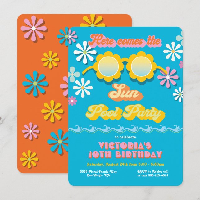 Invitation Anniversaire du Retro Hippie 70's 60's Daisy Pool (Devant / Derrière)