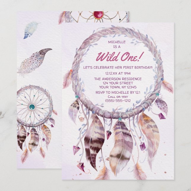 Invitation Anniversaire du Rêveur de Boho rose sauvage (Devant / Derrière)