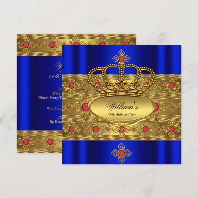 Invitation Anniversaire du roi Prince Royal Blue Gold Red Cro (Devant / Derrière)