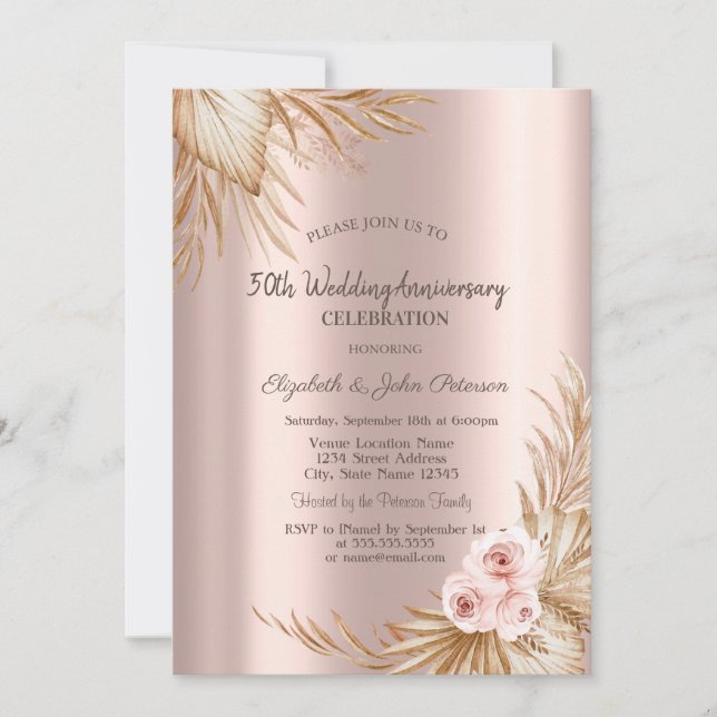 Invitation Anniversaire du Rose d'or de la Pampa Rose Boho (Devant)