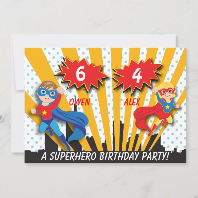 Invitation Anniversaire du Superhero Garçon et Fille (Devant)